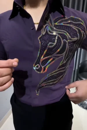 💜 Purple Satin Cotton Shirt for Men with Horse Embroidery – Designer Casual & Party Wear Shirt 🐎✨