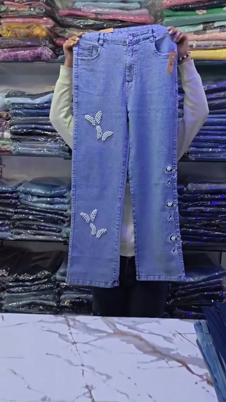 π¦ Light Blue Wide-Leg Denim Jeans for Women β Butterfly & Floral Embroidery with Frayed Hem β¨
