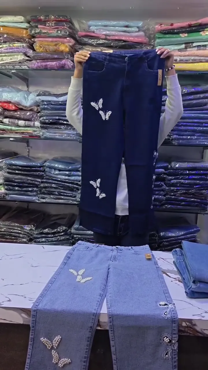 π¦ Light Blue Wide-Leg Denim Jeans for Women β Butterfly & Floral Embroidery with Frayed Hem β¨ - Image 2